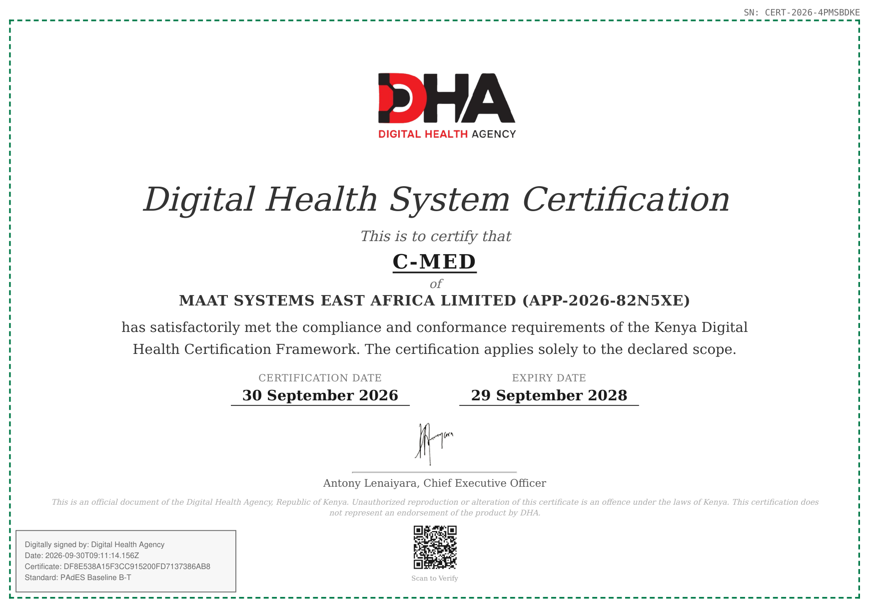 C-Med Digital Health System Certification, serial CERT-2026-4PMSBDKE