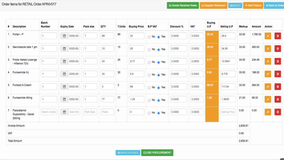Procurement: batches, expiry dates, pack sizes and margins