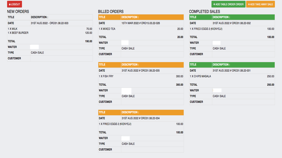 New, billed and completed sales side by side