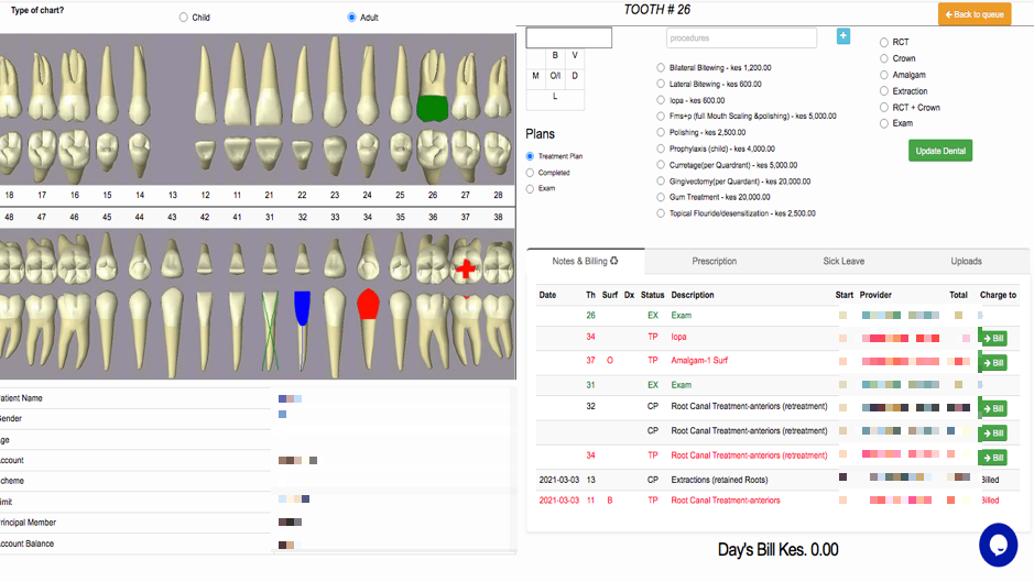 Interactive dental charting, treatment plans and notes