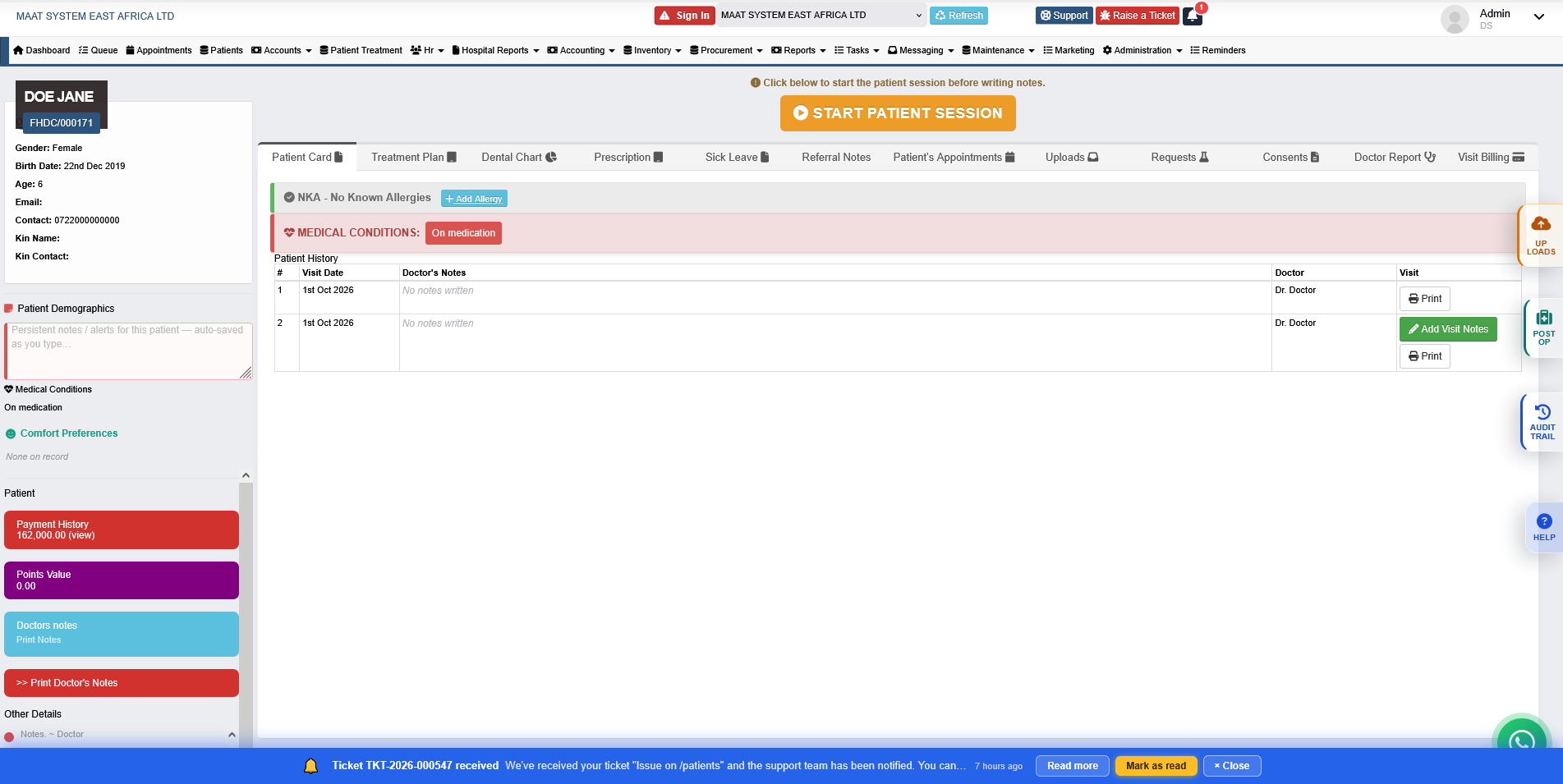 Patient card: allergies, medical conditions, visit history and consents