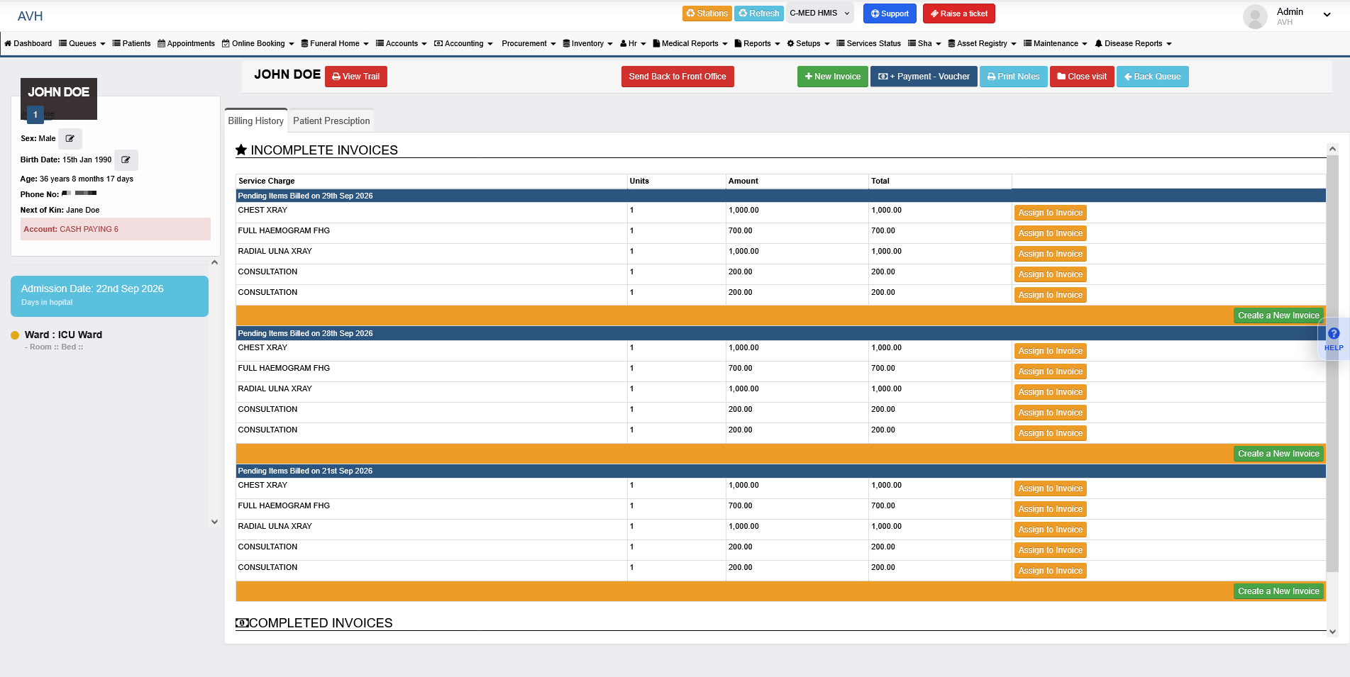 Billing history with itemised service charges and invoicing