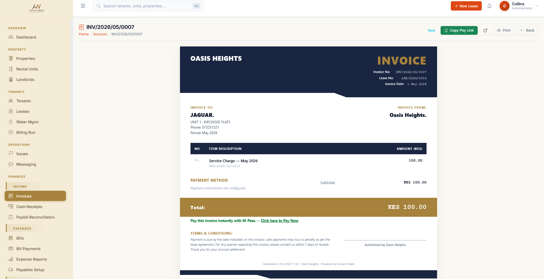 Invoice with an M-Pesa pay link