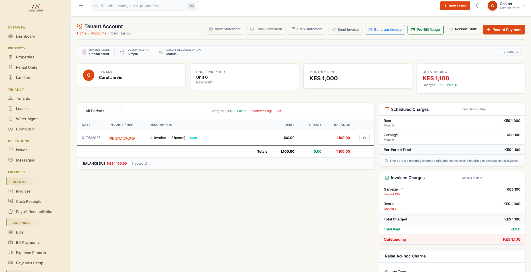 Tenant account: running ledger, scheduled charges and outstanding balance